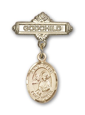 Pin Badge with St. Mark the Evangelist Charm and Godchild Badge Pin - 14K Solid Gold