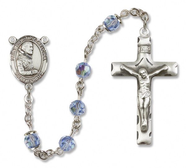 St. Pio of Pietrelcina Sterling Silver Heirloom Rosary Squared Crucifix - Light Sapphire