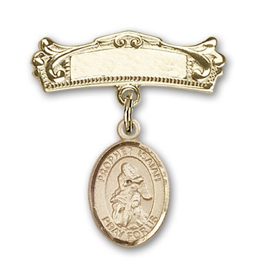 Pin Badge with St. Isaiah Charm and Arched Polished Engravable Badge Pin - Gold Tone