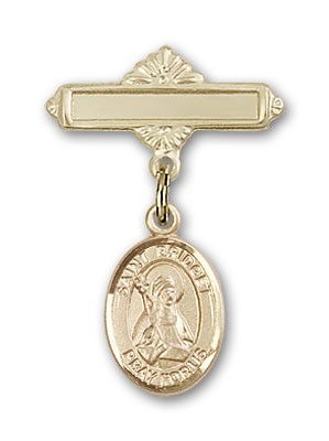 Pin Badge with St. Bridget of Sweden Charm and Polished Engravable Badge Pin - 14K Solid Gold