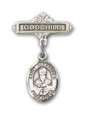 Pin Badge with St. Alexander Sauli Charm and Godchild Badge Pin - Silver tone