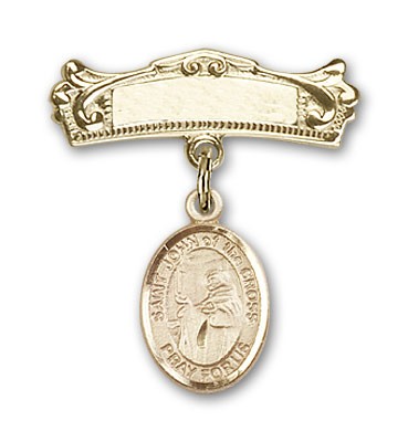 Pin Badge with St. John of the Cross Charm and Arched Polished Engravable Badge Pin - 14K Solid Gold