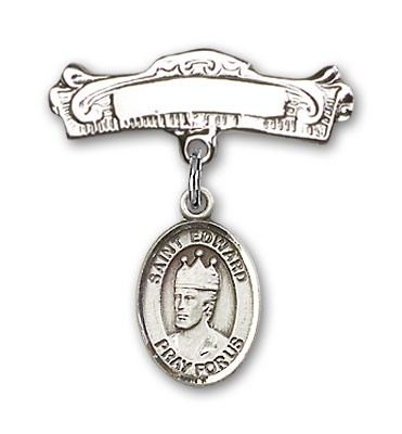 Pin Badge with St. Edward the Confessor Charm and Arched Polished Engravable Badge Pin - Silver tone