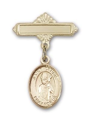 Pin Badge with St. Dennis Charm and Polished Engravable Badge Pin - 14K Solid Gold