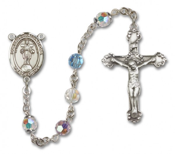 Our Lady of Nations Sterling Silver Heirloom Rosary Fancy Crucifix - Multi-Color