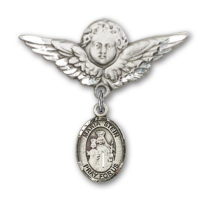 Pin Badge with Maria Stein Charm and Angel with Larger Wings Badge Pin - Silver tone