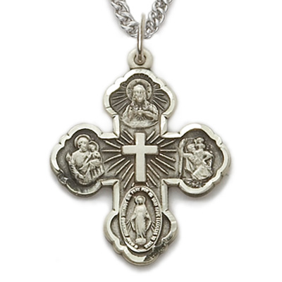 Five Way Cross Pendant 1 inch with Chain - Silver
