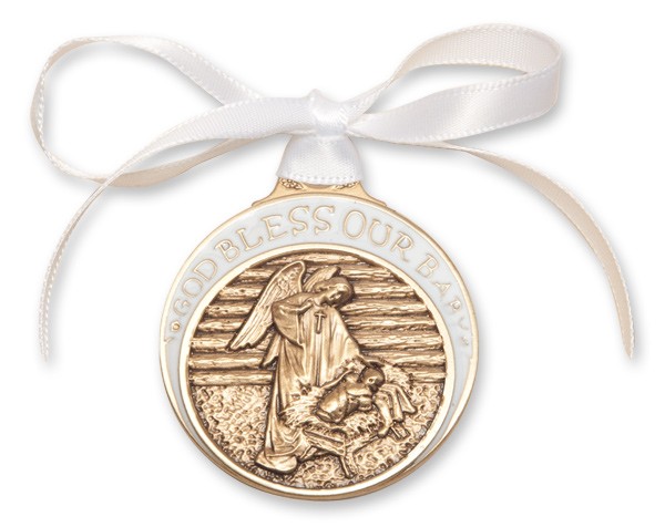 White Ribbon Angel in Manger Crib Medal in Brass - White | Gold