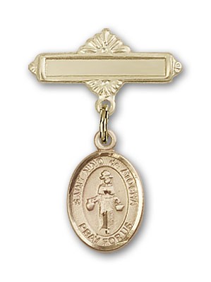Pin Badge with St. Nino de Atocha Charm and Polished Engravable Badge Pin - Gold Tone