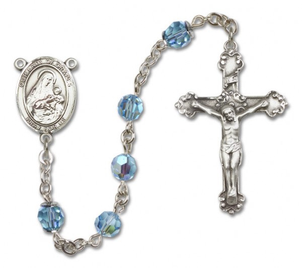 Our Lady of Grapes Sterling Silver Heirloom Rosary Fancy Crucifix - Aqua