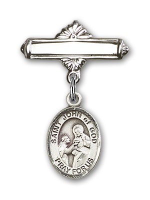 Pin Badge with St. John of God Charm and Polished Engravable Badge Pin - Silver tone