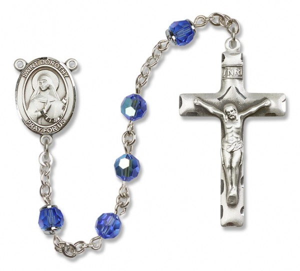St. Dorothy Sterling Silver Heirloom Rosary Squared Crucifix - Sapphire