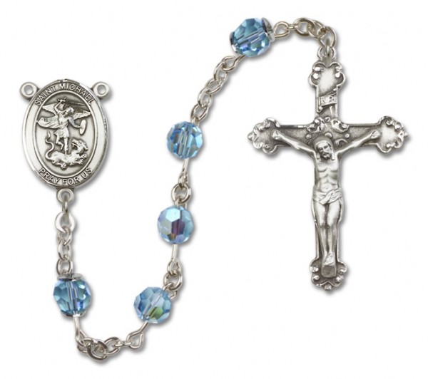 St. Michael the Archangel Sterling Silver Heirloom Rosary Fancy Crucifix - Aqua