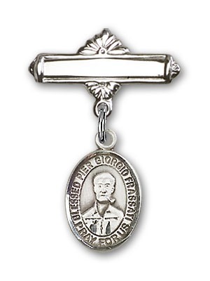 Pin Badge with Blessed Pier Giorgio Frassati Charm and Polished Engravable Badge Pin - Silver tone