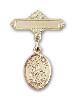 Pin Badge with St. Isabella of Portugal Charm and Polished Engravable Badge Pin - 14K Solid Gold
