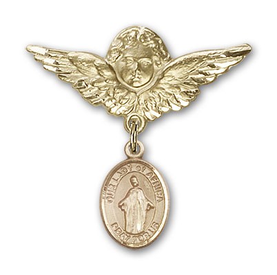 Pin Badge with Our Lady of Africa Charm and Angel with Larger Wings Badge Pin - Gold Tone