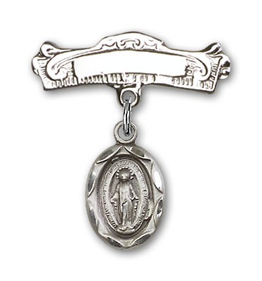 Baby Pin with Miraculous Charm and Arched Polished Engravable Badge Pin - Silver tone