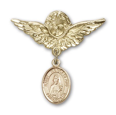 Pin Badge with St. Wenceslaus Charm and Angel with Larger Wings Badge Pin - 14K Solid Gold