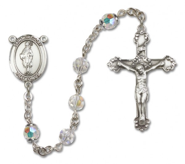 St. Gregory the Great Sterling Silver Heirloom Rosary Fancy Crucifix - Crystal
