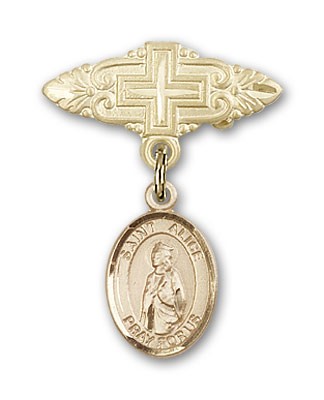 Pin Badge with St. Alice Charm and Badge Pin with Cross - 14K Solid Gold