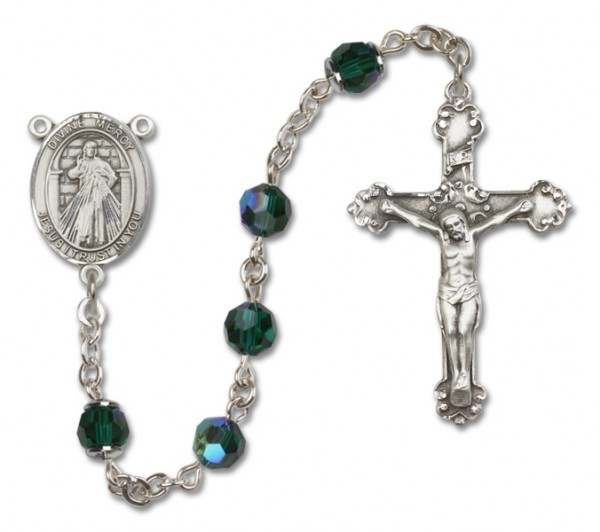 Divine Mercy Sterling Silver Heirloom Rosary Fancy Crucifix - Emerald Green
