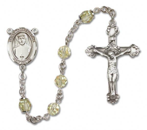 St. Maria Faustina Sterling Silver Heirloom Rosary Fancy Crucifix - Zircon