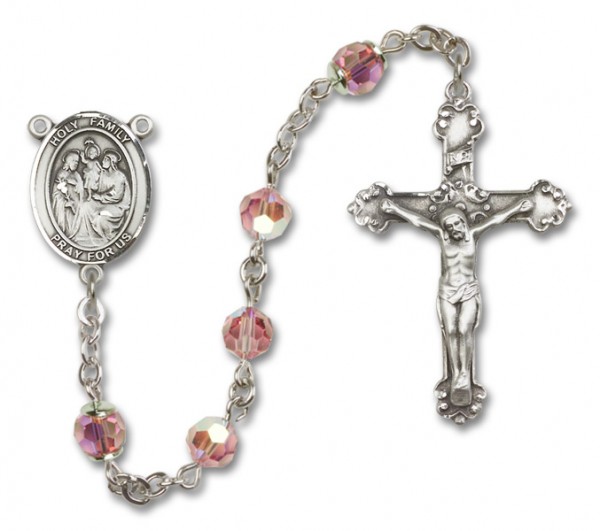 Holy Family Sterling Silver Heirloom Rosary Fancy Crucifix - Light Rose