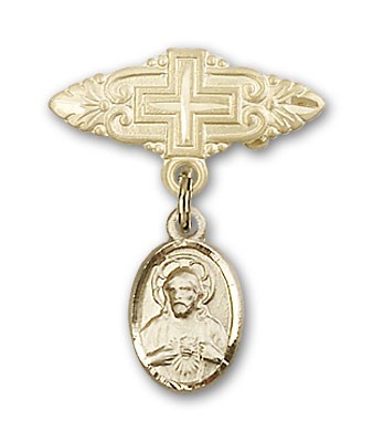 Baby Pin with Scapular Charm and Badge Pin with Cross - 14K Solid Gold