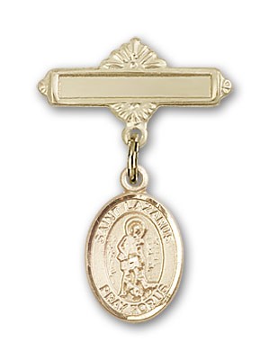Pin Badge with St. Lazarus Charm and Polished Engravable Badge Pin - 14K Solid Gold