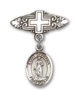 Pin Badge with St. Barbara Charm and Badge Pin with Cross - Silver tone