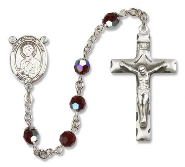 St. Dominic Savio Sterling Silver Heirloom Rosary Squared Crucifix - Garnet