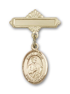 Pin Badge with St. Jude Thaddeus Charm and Polished Engravable Badge Pin - Gold Tone