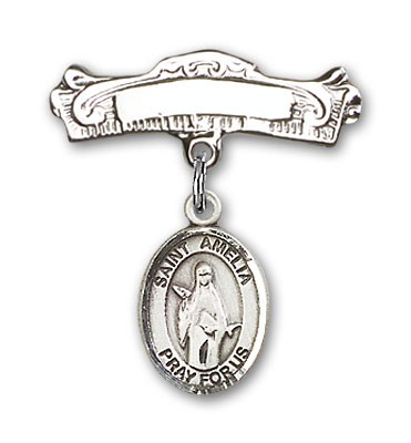 Pin Badge with St. Amelia Charm and Arched Polished Engravable Badge Pin - Silver tone