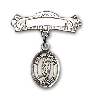 Pin Badge with St. Victor of Marseilles Charm and Arched Polished Engravable Badge Pin - Silver tone