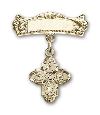 Pin Badge with 4-Way Charm and Arched Polished Engravable Badge Pin - Gold Tone