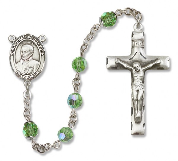 St. Ignatius of Loyola Sterling Silver Heirloom Rosary Squared Crucifix - Peridot