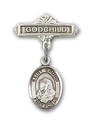 Pin Badge with St. Bruno Charm and Godchild Badge Pin - Silver tone