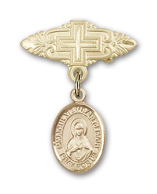 Pin Badge with Immaculate Heart of Mary Charm and Badge Pin with Cross - Gold Tone