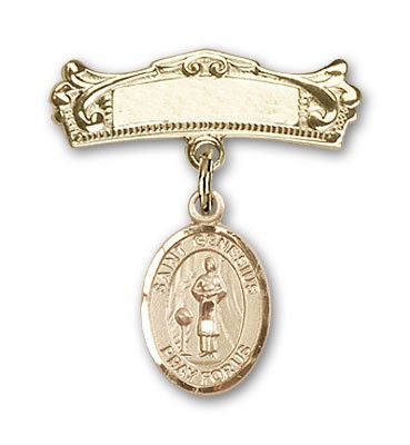 Pin Badge with St. Genesius of Rome Charm and Arched Polished Engravable Badge Pin - 14K Solid Gold