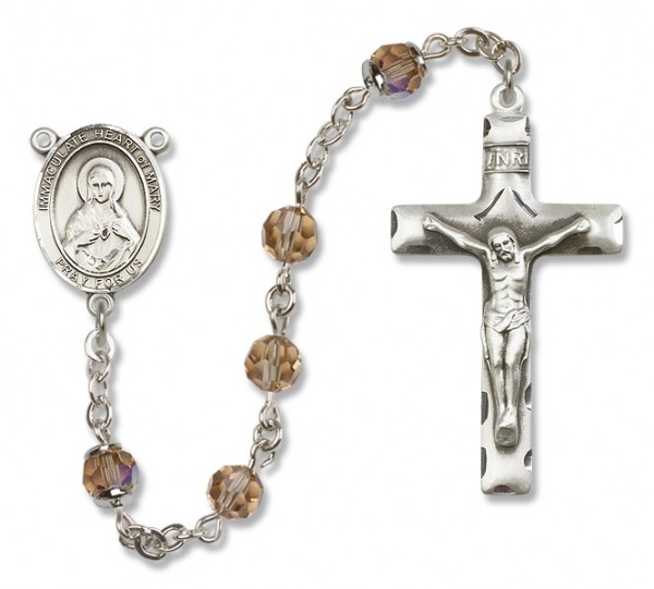 Immaculate Heart of Mary Sterling Silver Heirloom Rosary Squared Crucifix - Topaz