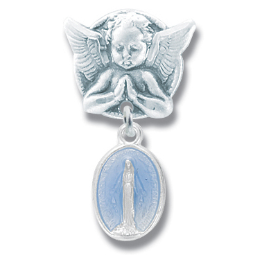Baby Pin Guardian Angel and Blue Sterling Silver Miraculous Medal - Sterling Silver