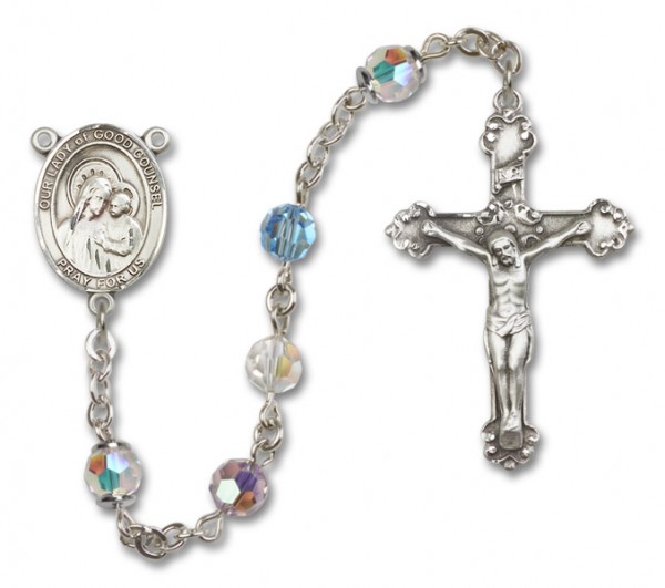 Our Lady of Good Counsel Sterling Silver Heirloom Rosary Fancy Crucifix - Multi-Color