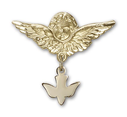 Baby Pin with Holy Spirit Charm and Angel with Larger Wings Badge Pin - Gold Tone