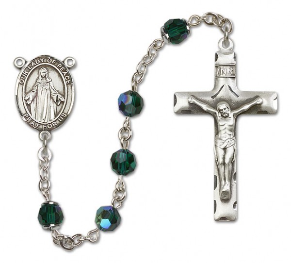 Our Lady of Peace Sterling Silver Heirloom Rosary Squared Crucifix - Emerald Green