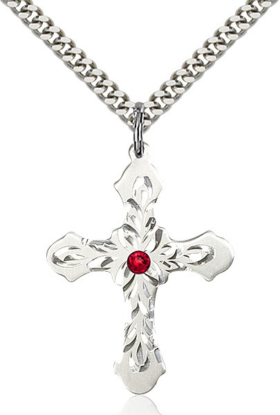 Floral and Petal Cross Pendant with Birthstone Options - Ruby Red