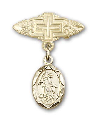 Baby Pin with Guardian Angel Charm and Badge Pin with Cross - Gold Tone