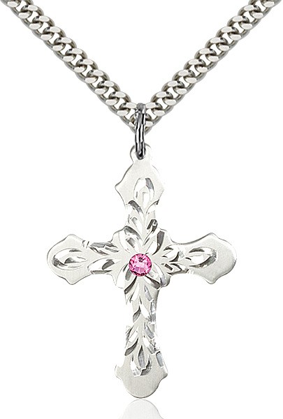 Floral and Petal Cross Pendant with Birthstone Options - Rose