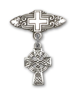 Pin Badge with Celtic Cross Charm and Badge Pin with Cross - Silver tone