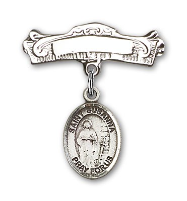 Pin Badge with St. Susanna Charm and Arched Polished Engravable Badge Pin - Silver tone