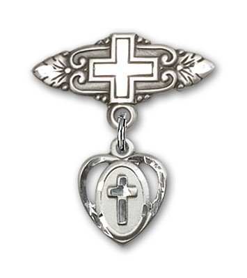 Pin Badge with Cross Charm and Badge Pin with Cross - Silver tone